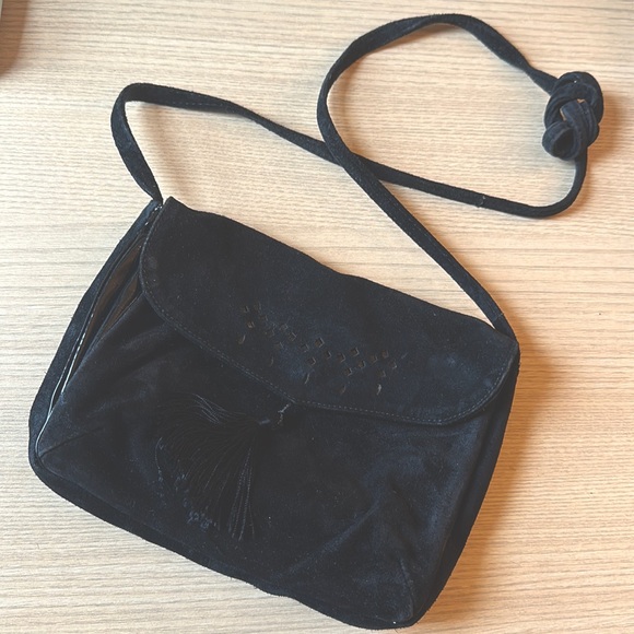 Vintage crossbody bag suede black tassel 70s 80s Italy - Picture 3 of 12